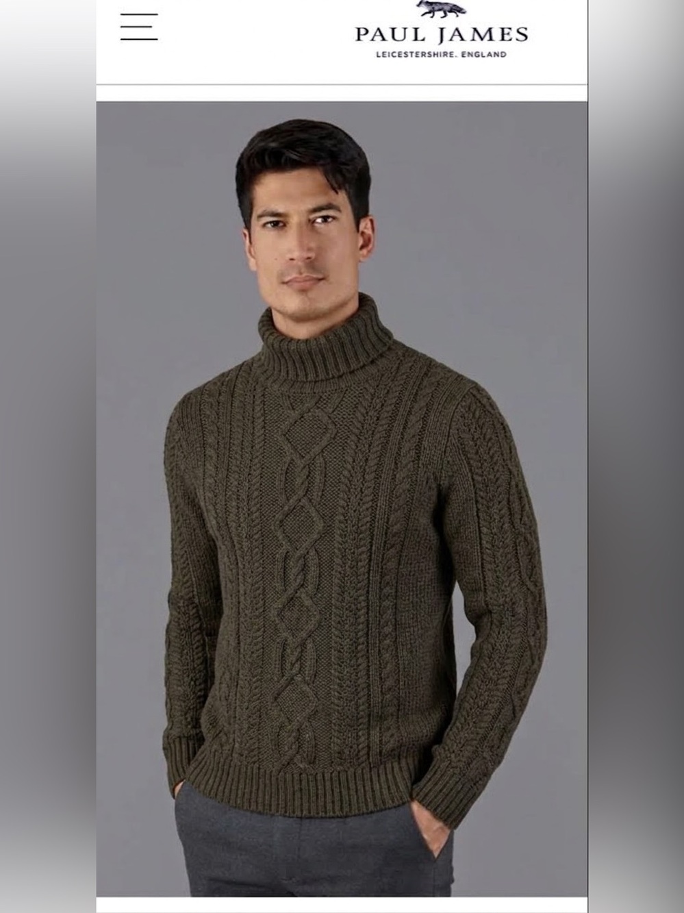 Paul James 100% Wool Turtleneck Cable Knit Sweater Green Olive , M